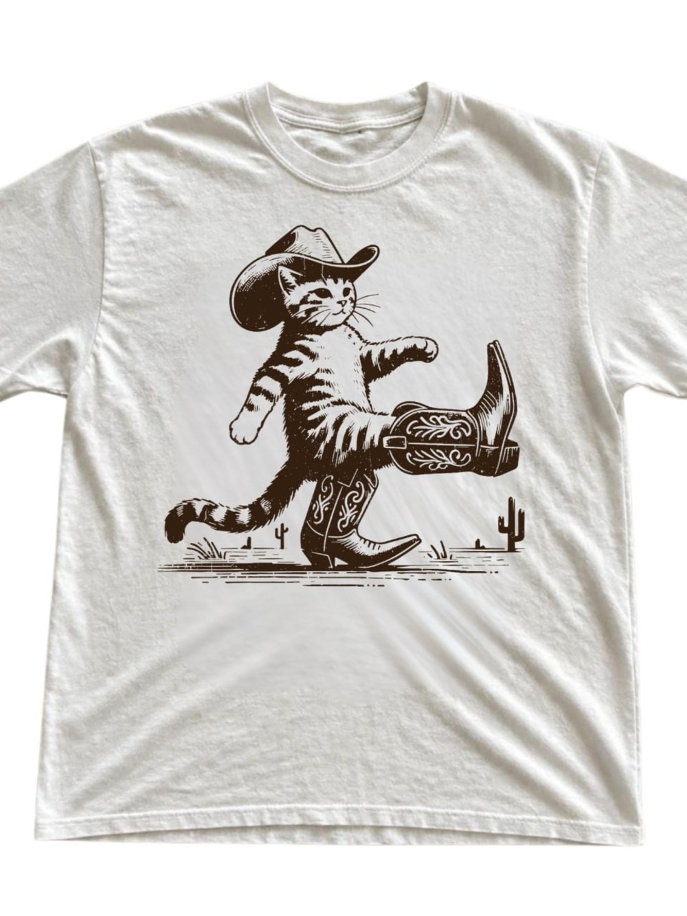 Gildan White Tee with Brown Cowboy Cat Graphic